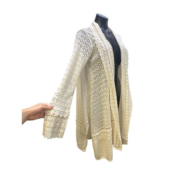 NWT Johnny Was Open Front Cream Eyelet Cardigan w/Lace & Floral Details - Picture 4 of 9